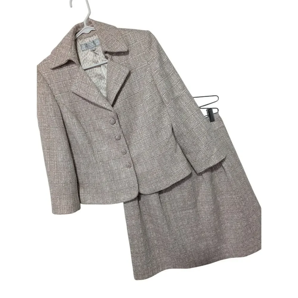 TAHARI! STUNNING PINK, CREAM, BEIGE/TAN NUBBY 2 PC SKIRT & JACKET SUIT SET! 6P